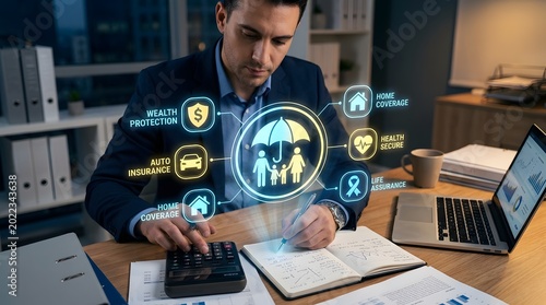 Insurance broker working on laptop with retention stage customer lifecycle dashboard, client management, health insurance, policy renewal, business analytics
