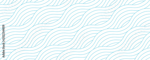Minimalist seamless pattern with cyan blue wavy lines on a white background. Modern abstract ocean wave texture, ideal for summer themes, nautical designs, and creative digital wallpapers.