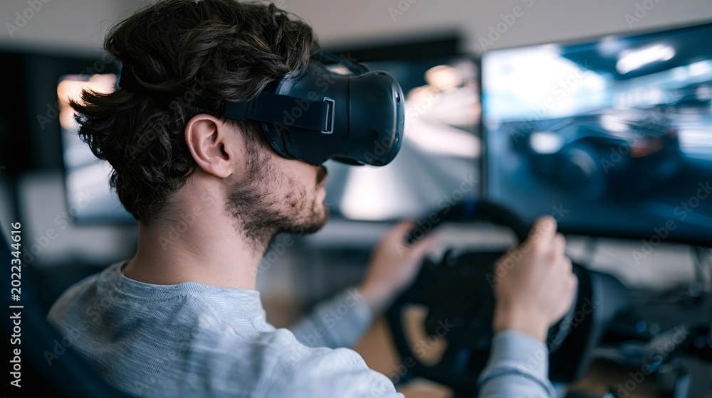 Naklejka premium Young man immersed in virtual reality racing, wearing a vr headset and gripping a steering wheel to control a high speed driving simulator in a modern indoor setup