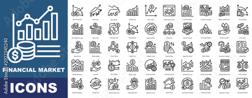 Financial Market icon pack collection set for business management. With Stocks, Index, Bull, Bear, Trading, Ticker, Graph, Portfolio, Market Cap, Volatility, Exchange Rate, Assets.