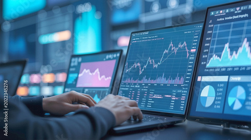 Trader monitoring stock market fluctuations on multiple laptop screens in high-tech financial office. Hands typing on keyboard while analyzing real-time trading graphs and data visualizations.