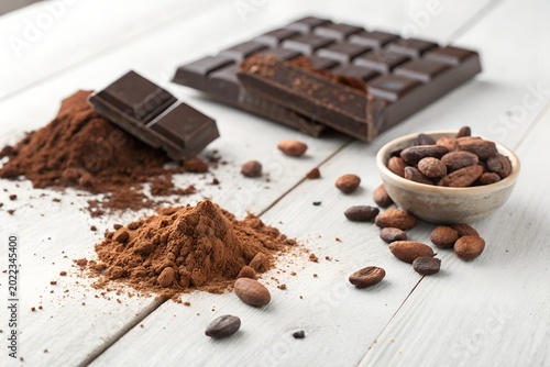 Dark chocolate bars with aromatic cocoa powder and roasted beans arranged artistically on a rustic white wooden surface in this high quality professional food photography shot for culinary marketing p
