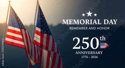 American flags waving at Memorial Day 250th anniversary commemoration event