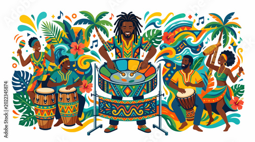 Cuadro en lienzo Caribbean carnival music band playing steel drums and congas with dancing people