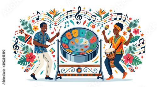 Obraz na płótnie Caribbean musicians playing steel pan and djembe drums.