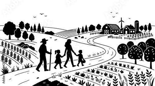 Bild auf Leinwand A family of four walking along a country road in a rural landscape