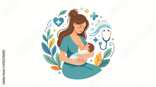 Quadro su tela A mother breastfeeding her newborn baby in a supportive healthcare environment illustration