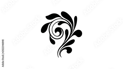 Black floral design element with swirling leaves.