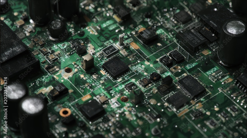 Obraz premium Green circuit board hardware showing microchips, capacitors, and various electronic components, representing advanced technology, digital communication, and data processing