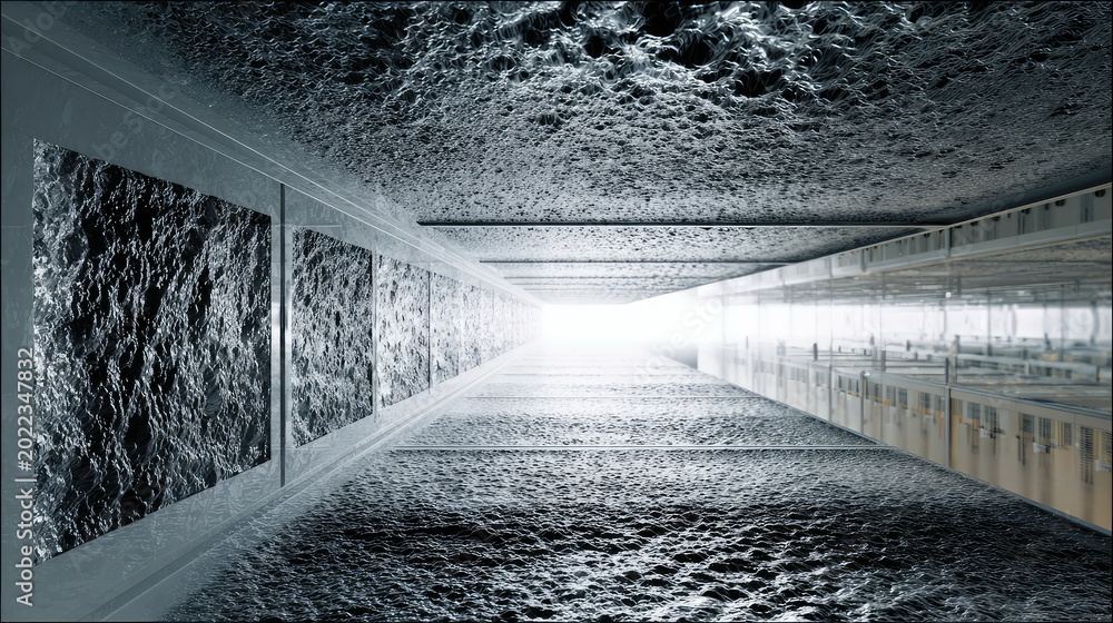Fototapeta premium Abstract futuristic tunnel featuring textured concrete surfaces, modern architectural design, and a bright light source creating a sense of progress and discovery at the end