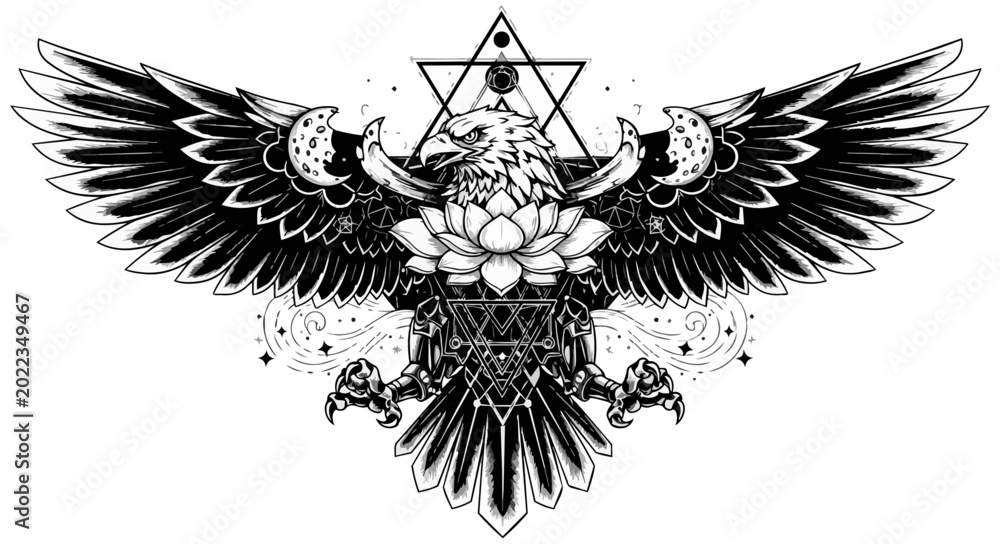 Fototapeta premium Eagle illustration with geometric and floral elements on black background