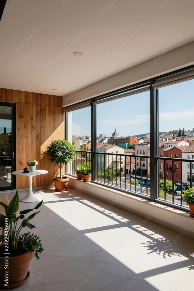 Fototapeta premium Sunlit modern apartment balcony with city panorama view. Wood paneled wall and potted plants create a calm, stylish living space. Enjoy morning coffee overlooking urban rooftops and architecture.