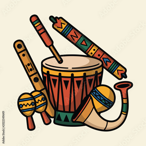 Obraz na plátne Of a djembe drum, a wooden flute, maracas, and a traditional horn with tribal pa