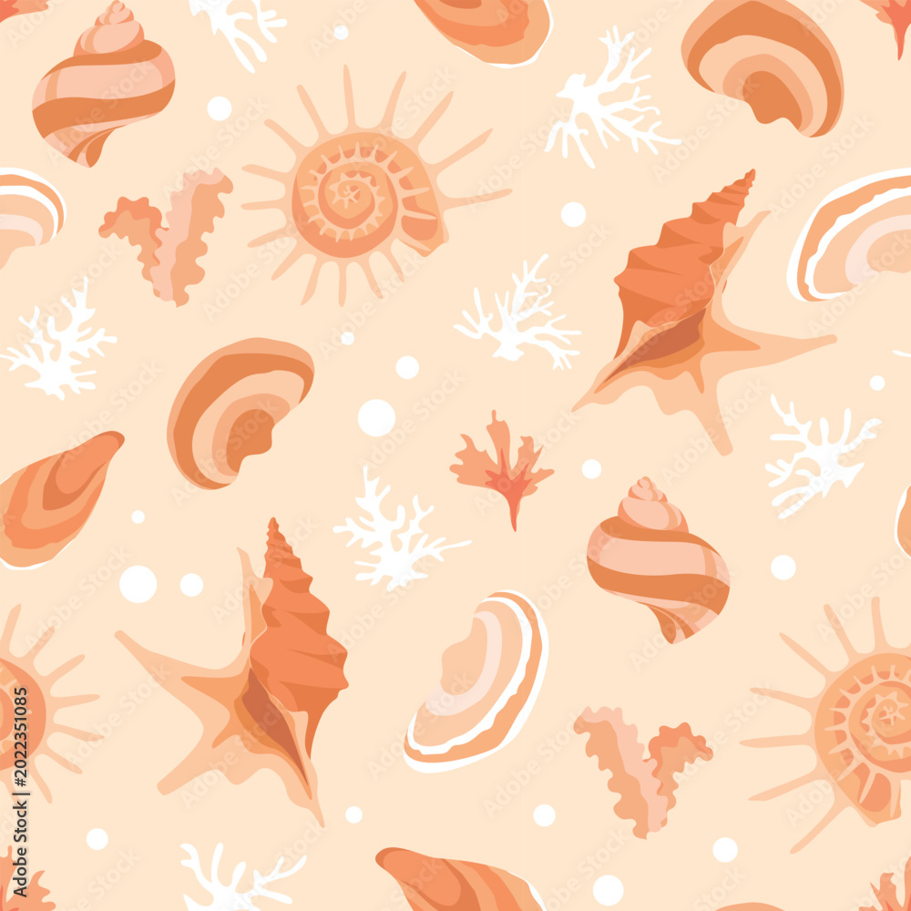 Fototapeta premium Seamless nautical pattern featuring a variety of seashells in warm orange and beige tones. Perfect for throws, towels, bedding, and tablecloths.