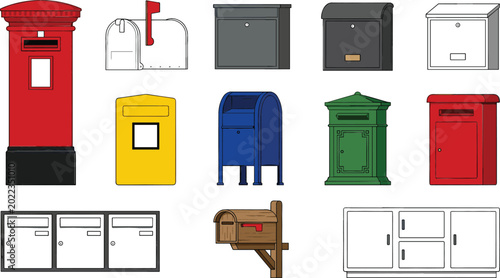 Fotografie Mailbox Collection Vector Illustration Featuring Postal Boxes Wall Mounted Mailb