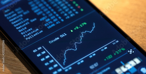 Vászonkép Crude oil price up, rising chart on a smartphone screen, commodity trading