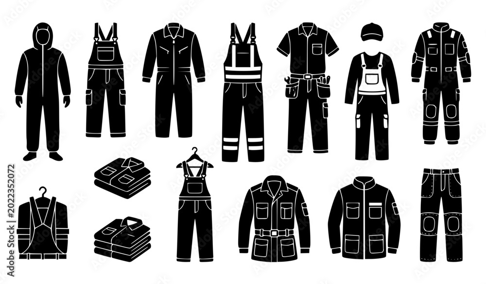 Αυτοκόλλητο Workwear and Protective Clothing Vector Icon Set Including Coveralls, Overalls,