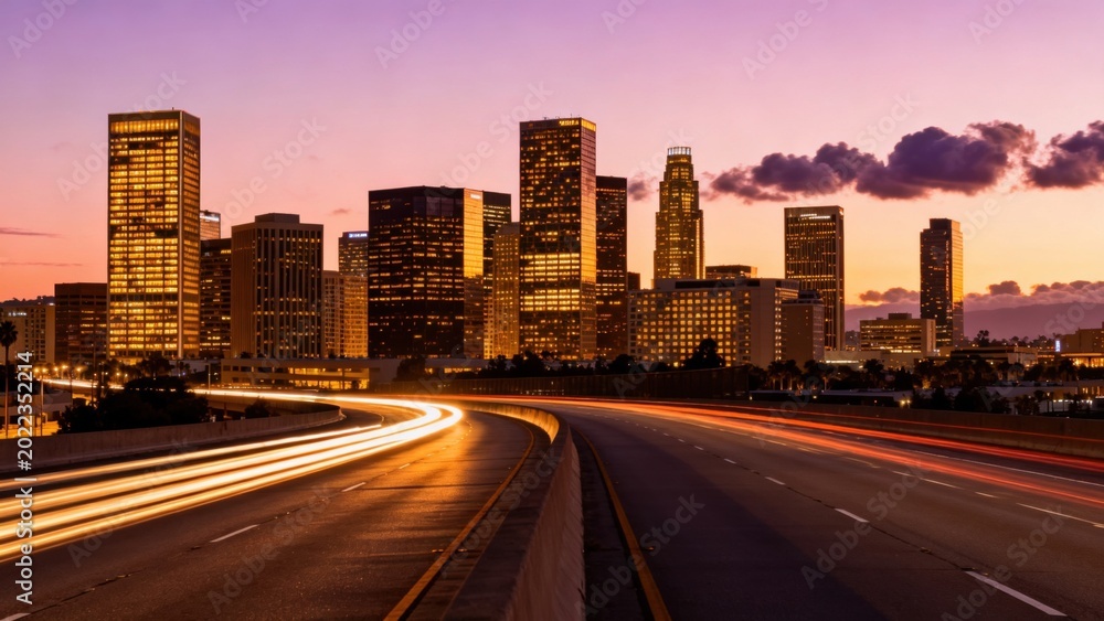 Fototapeta premium City skyline at dusk with highway traffic