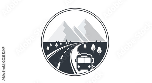 Minimalist bus travel emblem with road and mountains.