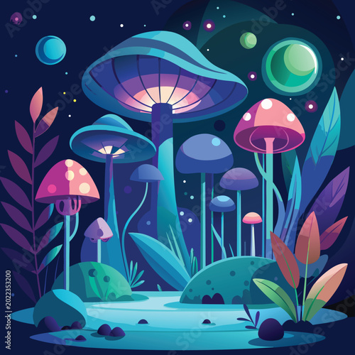 Foto glowing mushrooms in a fantastical forest digital illustration