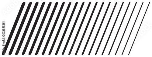 Slanted black parallel straight sticks with different thickness isolated on white background. Stripes in diagonal arrangement. Simple striped print. Speed line concept. Vector graphic illustration