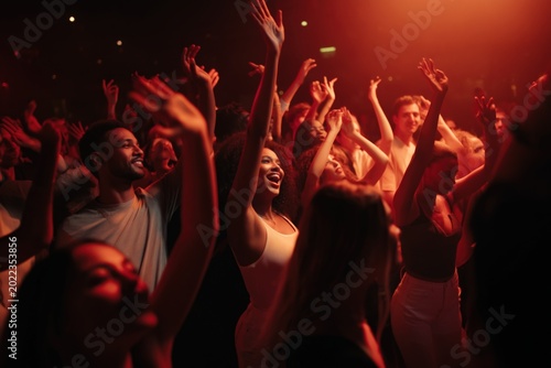 Crowd raising hands and dancing in dimly lit concert venue