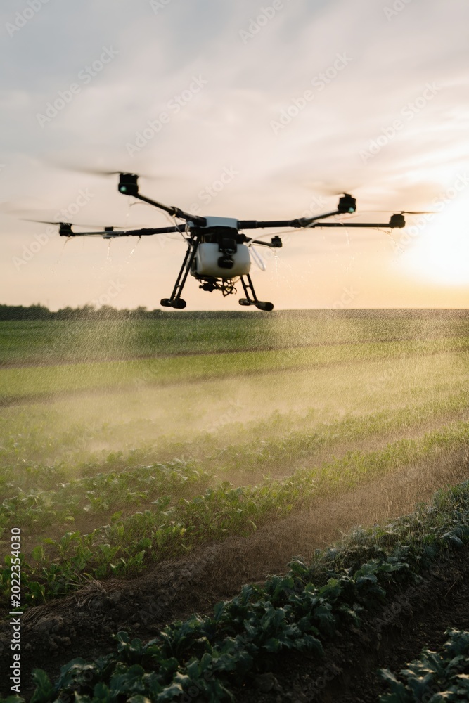 Fototapeta premium Agricultural drone hovering above planted rows during sunset light