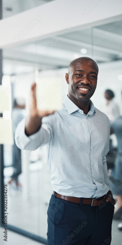 Fototapeta premium Male professional presenting note toward camera in office