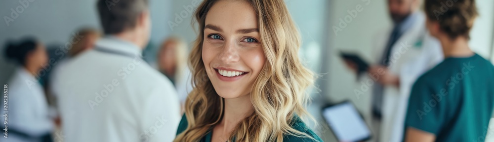 Fototapeta premium Female nurse smiling while standing in hospital corridor