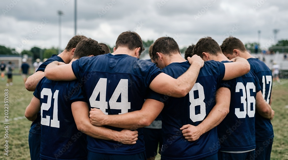 Fototapeta premium Team of young male football players huddled together on field before game