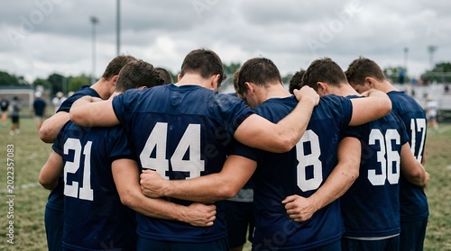 Team of young male football players huddled together on field before game