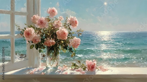 Bouquet of pink roses in a glass vase on a windowsill overlooking the sparkling blue ocean under a bright sunny sky
