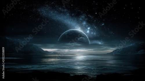Cosmic ocean view under milky way