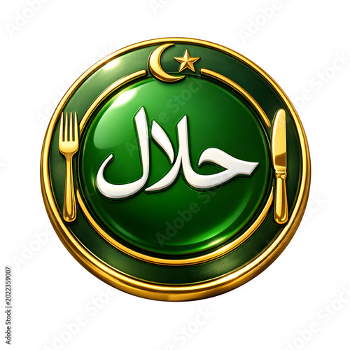 Halal Food Logo Badge with Fork and Knife Icon Isolated on Transparent PNG Background