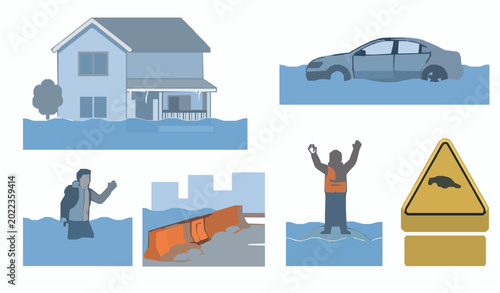 Bild auf Leinwand Flood and Warning Sign Vector Icon Set Including House, Car, Water Level, and Hu