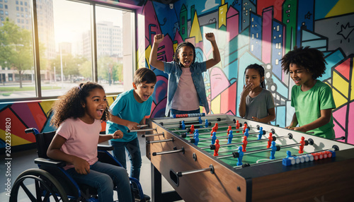 Diverse children enjoying inclusive table football game in vibrant youth community center highlighting accessibility teamwork and belonging