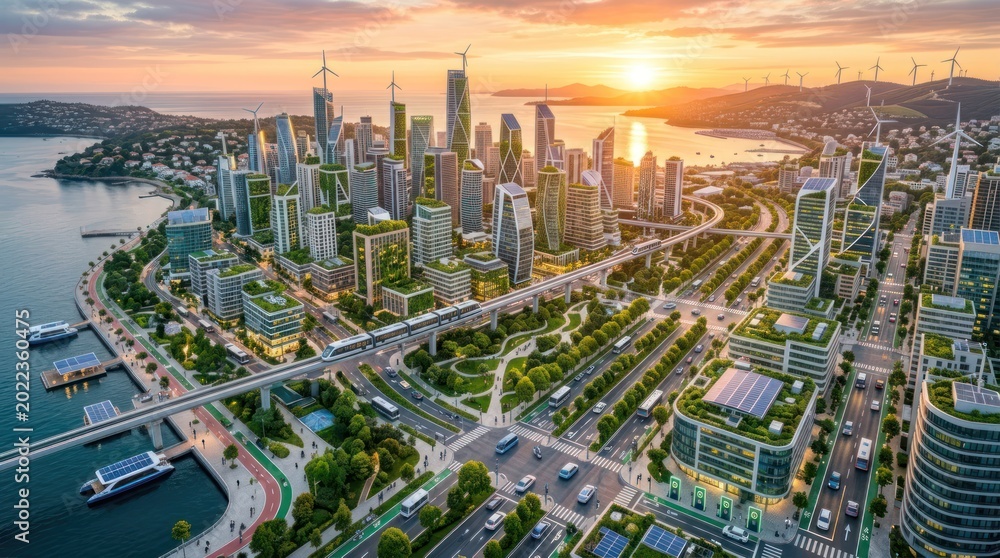 Fototapeta premium A stunning aerial view showcases a futuristic, sustainable city at sunrise. The cityscape is dominated by towering skyscrapers and wind turbines,