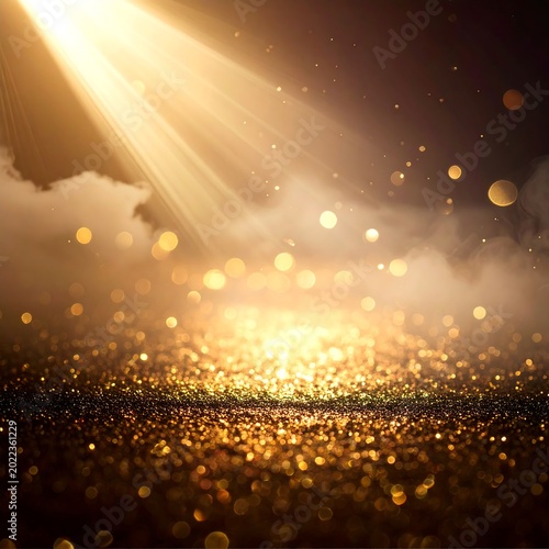 Golden light rays shining through fog.