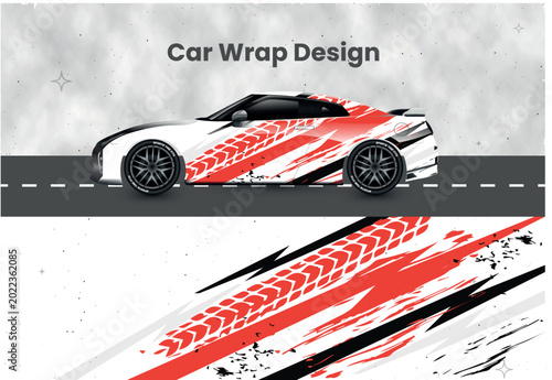 Racing car wrap with red tire tread pattern and grunge scratch vector

