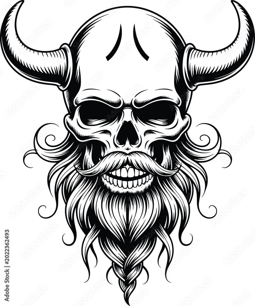 Fototapeta premium Black and white illustration of a skull with horns mustache and beard viking