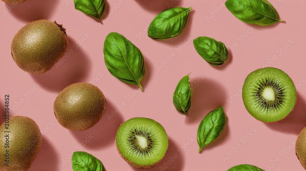 Fototapeta premium Fresh Kiwi Slices and Basil Leaves Pattern on Pink Background