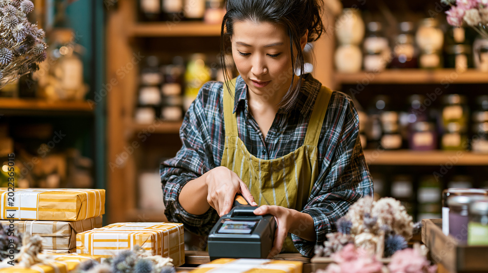 Fototapeta premium Focused woman using payment terminal in flower shop