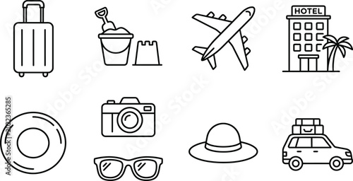 Tablou pe pânză Summer Vacation Travel Vector Icons with Beach Hotel and Airplane Set
