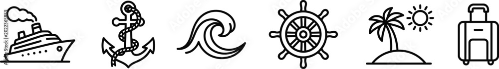 Obraz premium Cruise Ship Travel Anchor Wave and Helm Vector Icons Set for Summer