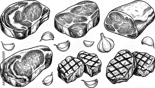 Hand drawn steak and meat cuts set with grilled beef and garlic, vintage engraved vector illustration collection