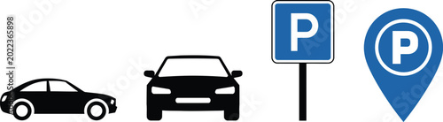 Black car silhouettes, parking sign, and location pin