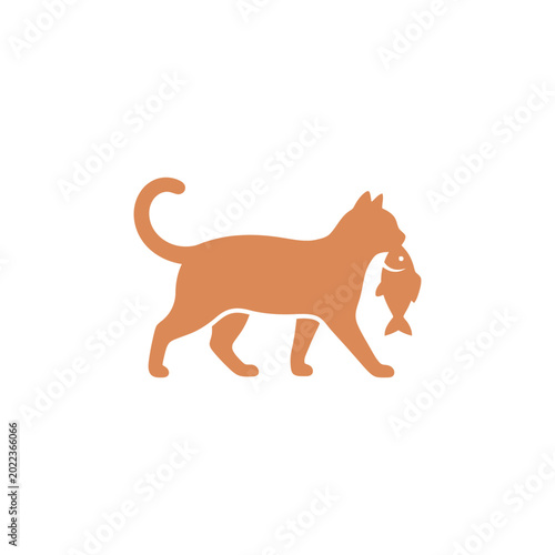 Foto Cat walking with a fish in its mouth represents the natural predatory instinct and domestic hunting behavior of a feline companion