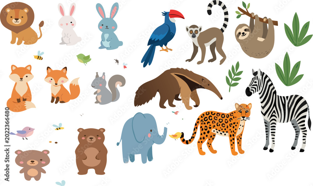 Obraz premium Tropical animals and plants vector set with toucan lemur sloth anteater zebra leopard and jungle leaves illustration
