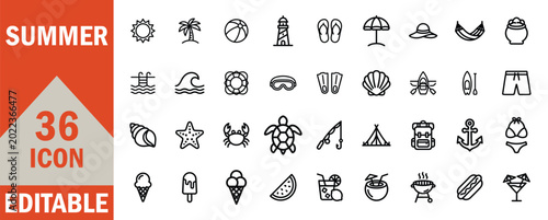 Billede på lærred Summer vacation line icons set beach travel and leisure graphics