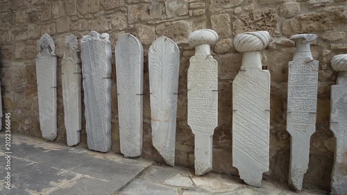  some stone steles with ancient inscriptions from the inner courtyard of the castle in Larnaka, Cyprus